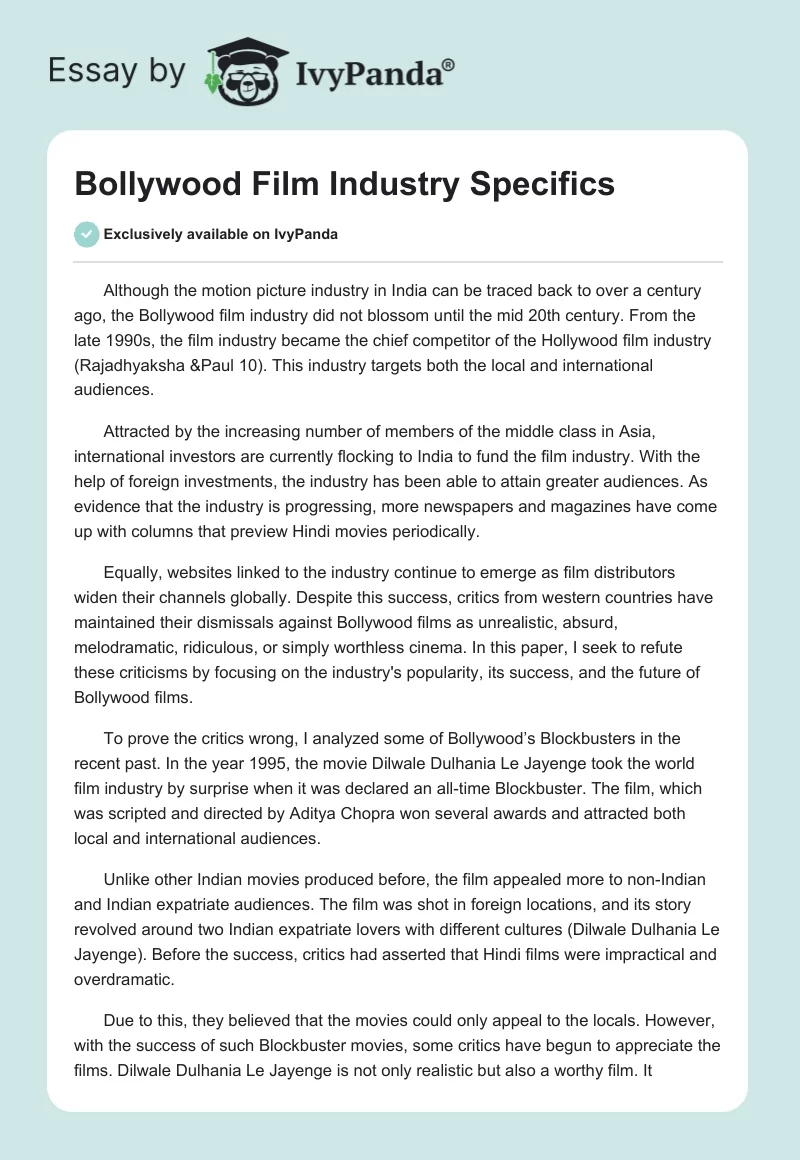 Bollywood Film Industry Specifics. Page 1