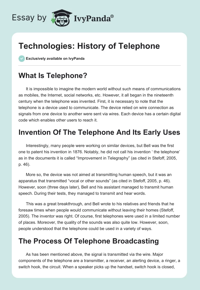 Technologies: History of Telephone. Page 1