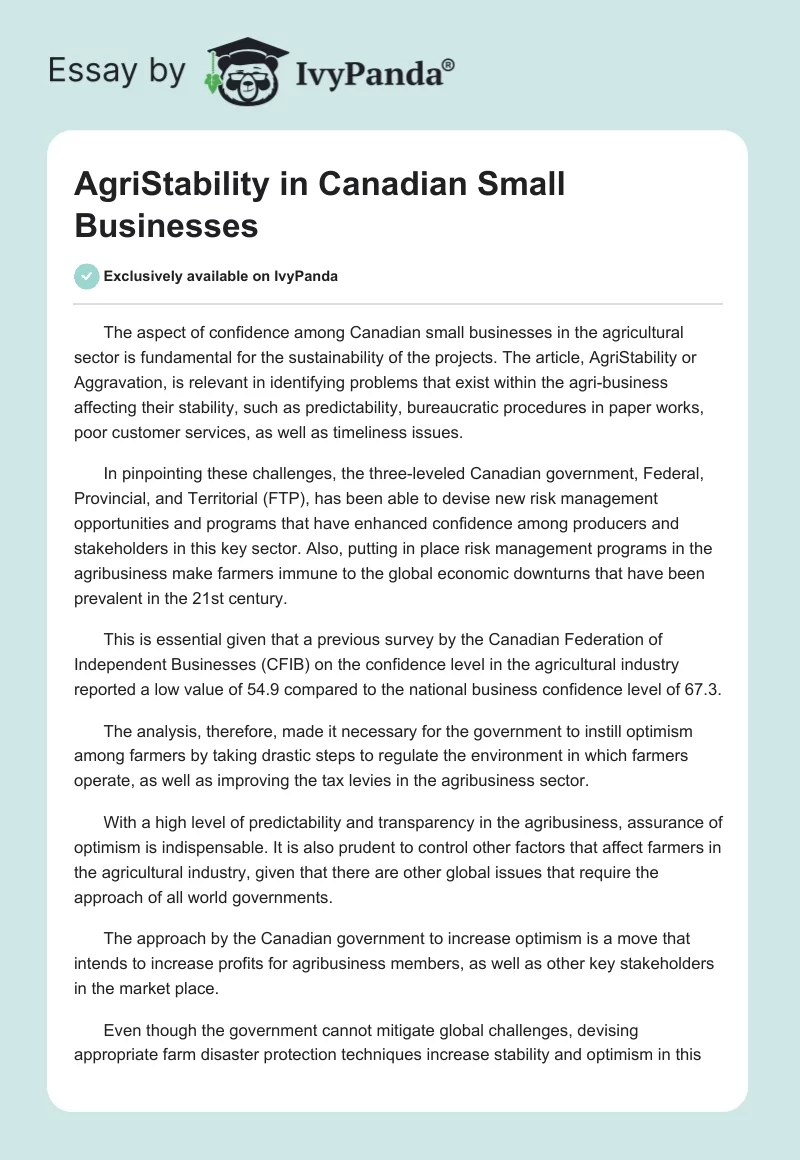 AgriStability in Canadian Small Businesses. Page 1