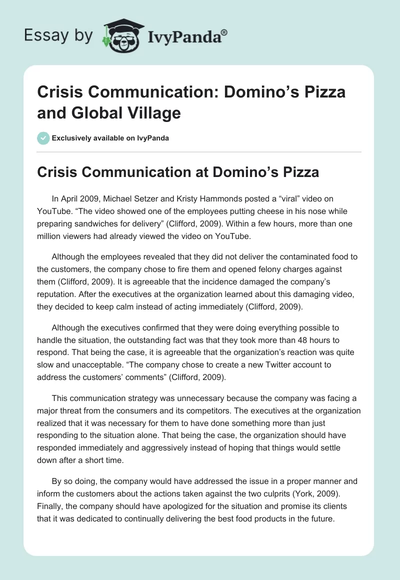 Crisis Communication: Domino’s Pizza and Global Village. Page 1