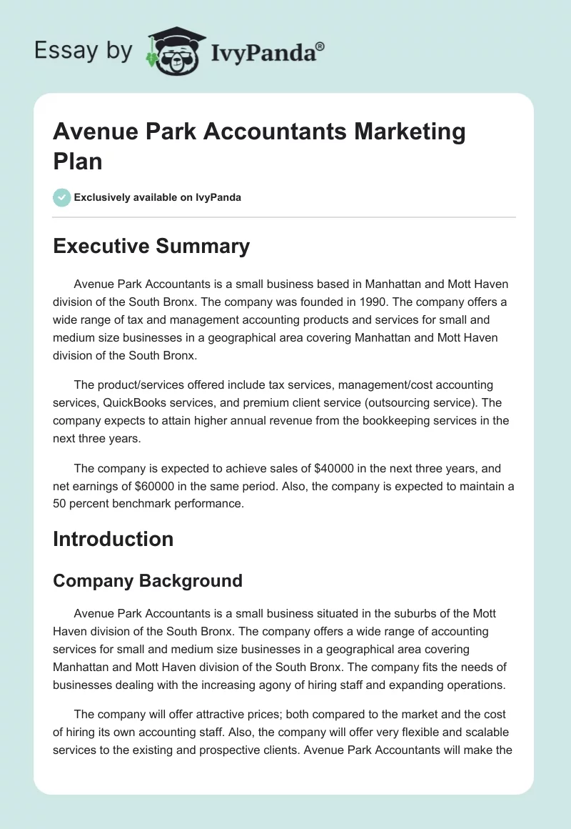 Avenue Park Accountants Marketing Plan. Page 1
