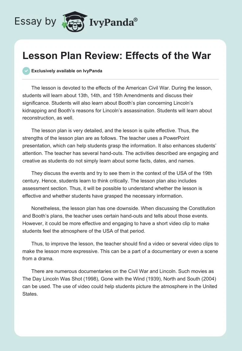 Lesson Plan Review: Effects of the War. Page 1