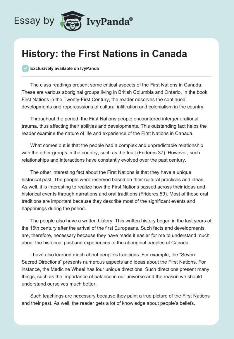 History: the First Nations in Canada. Page 1