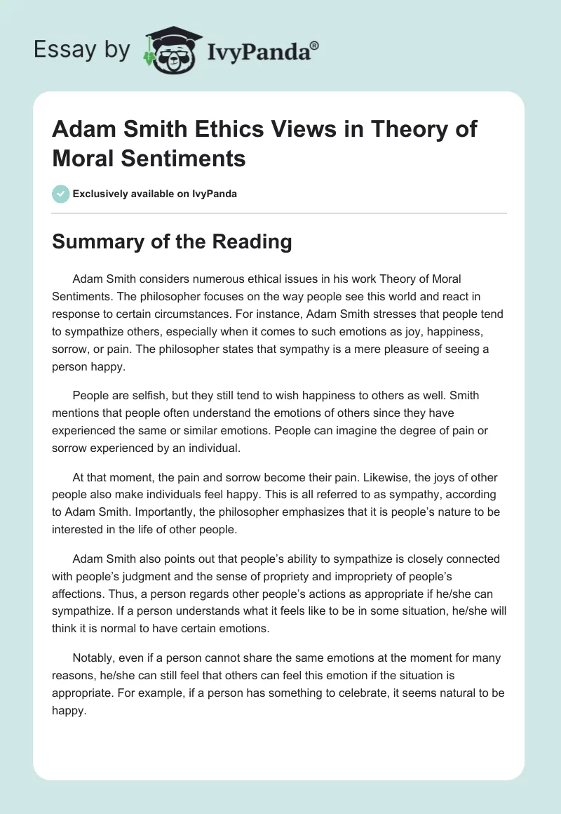 Adam Smith Ethics Views in "Theory of Moral Sentiments". Page 1