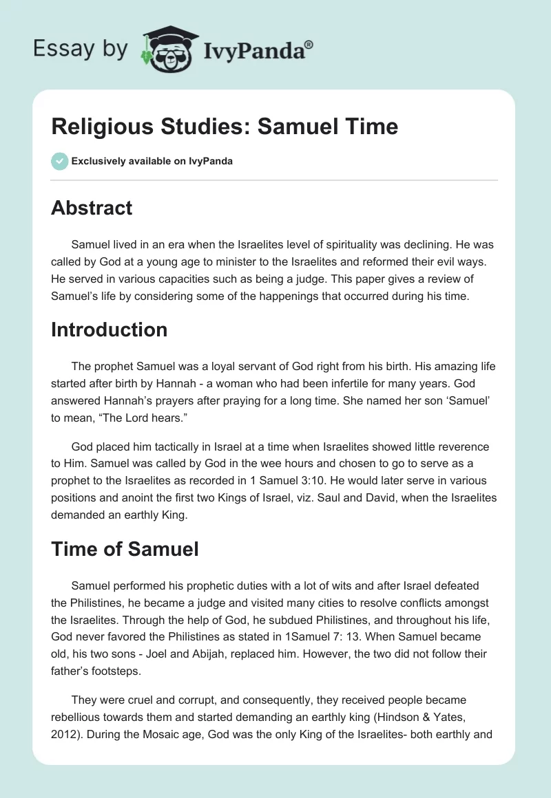 Religious Studies: Samuel Time. Page 1