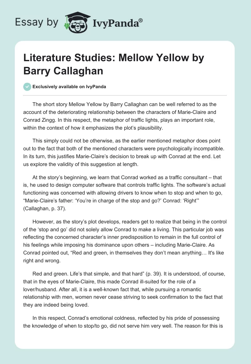 Literature Studies: "Mellow Yellow" by Barry Callaghan. Page 1