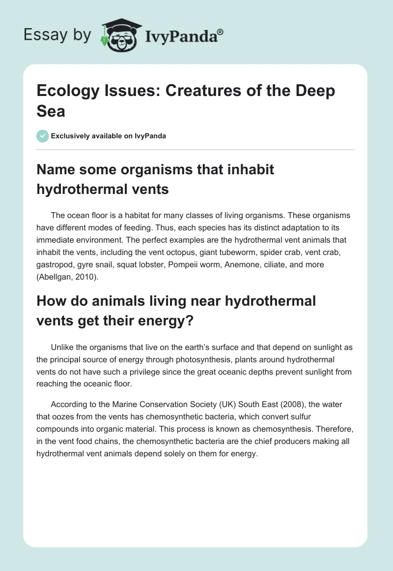 Ecology Issues: Creatures of the Deep Sea. Page 1