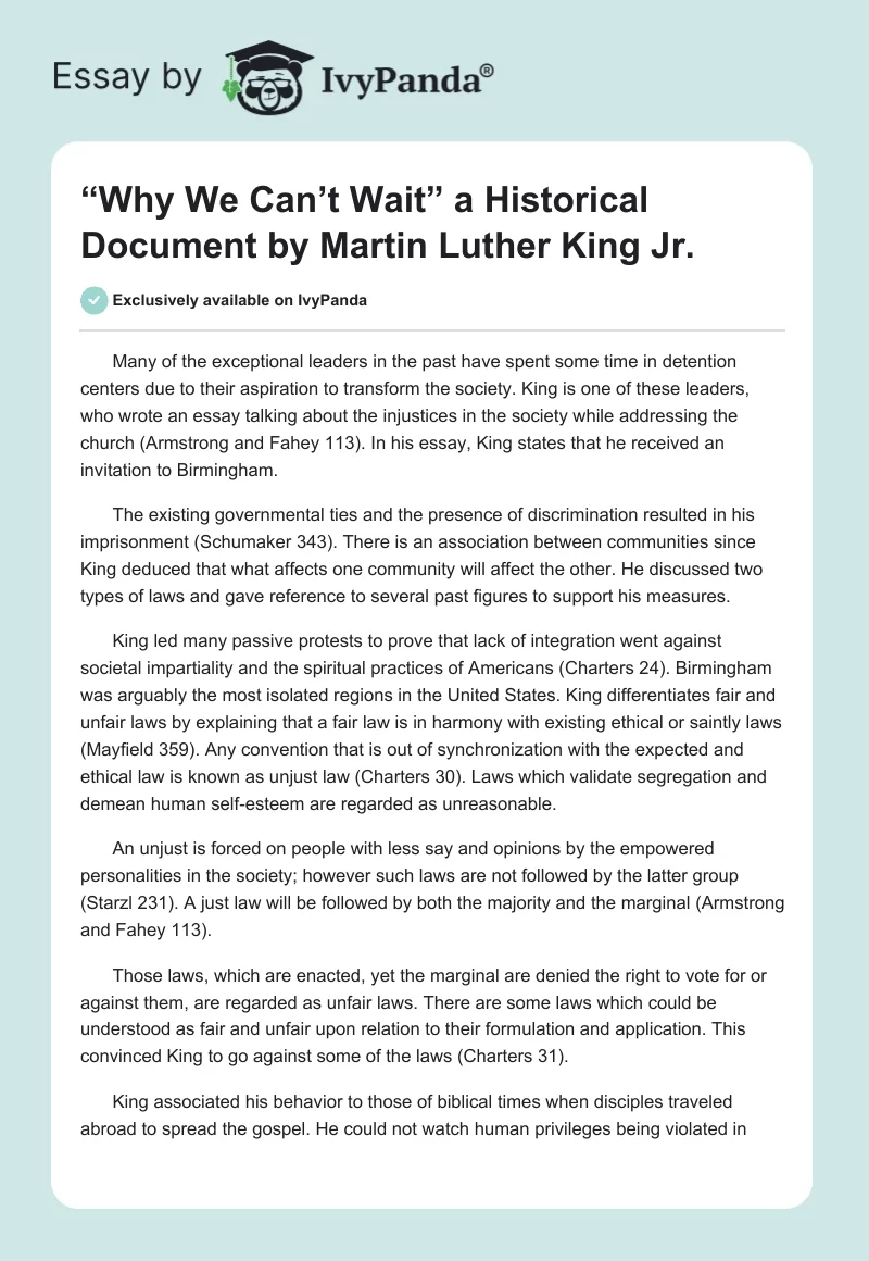 “Why We Can’t Wait” a Historical Document by Martin Luther King Jr.. Page 1