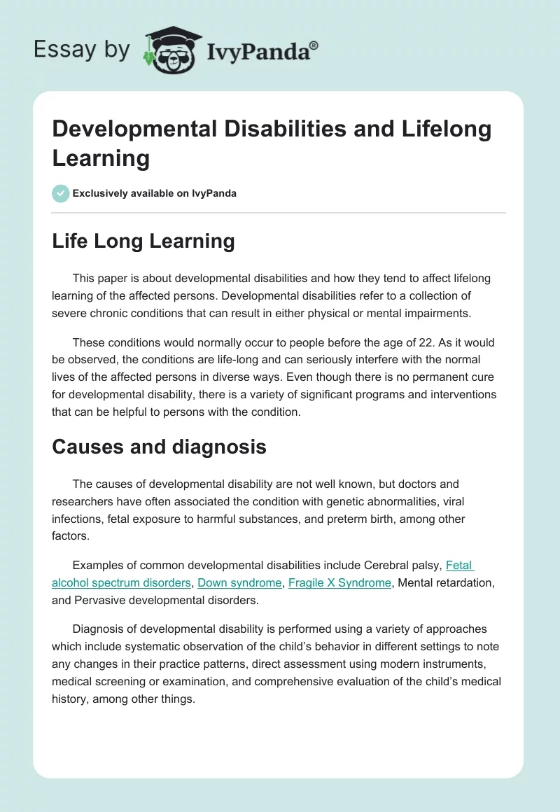 Developmental Disabilities and Lifelong Learning. Page 1