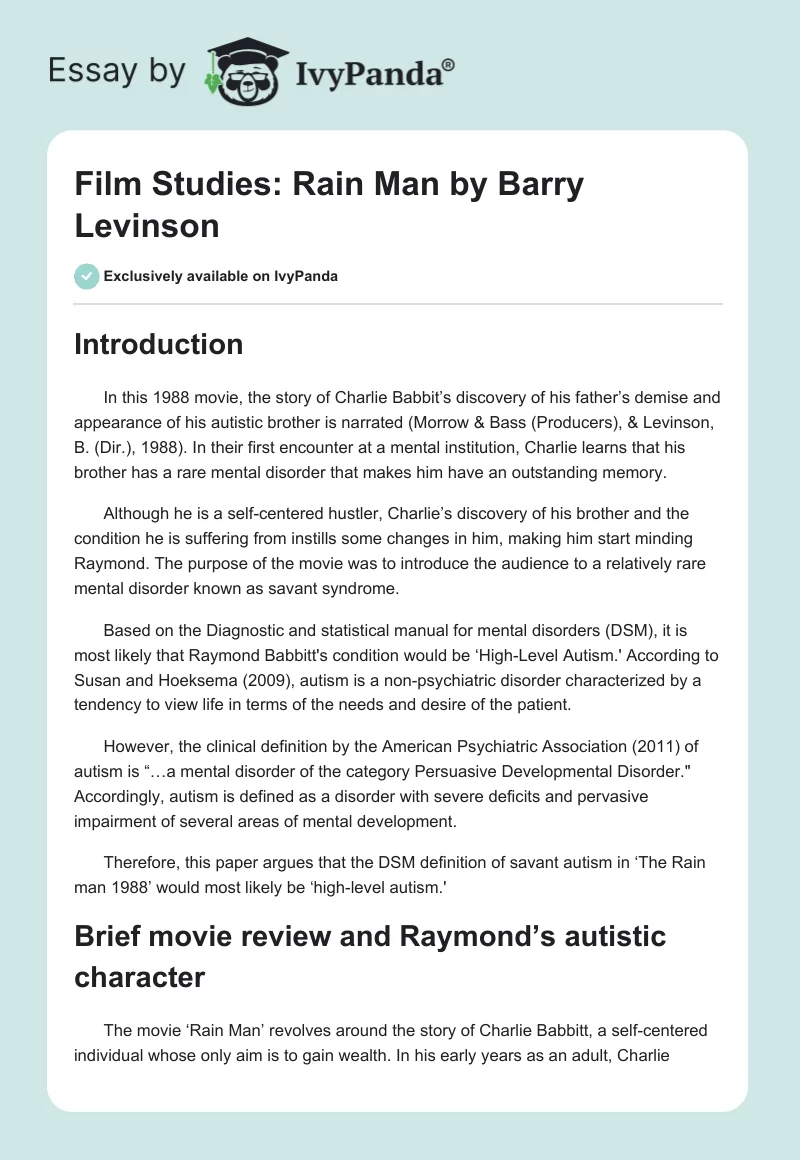 Film Studies: "Rain Man" by Barry Levinson. Page 1