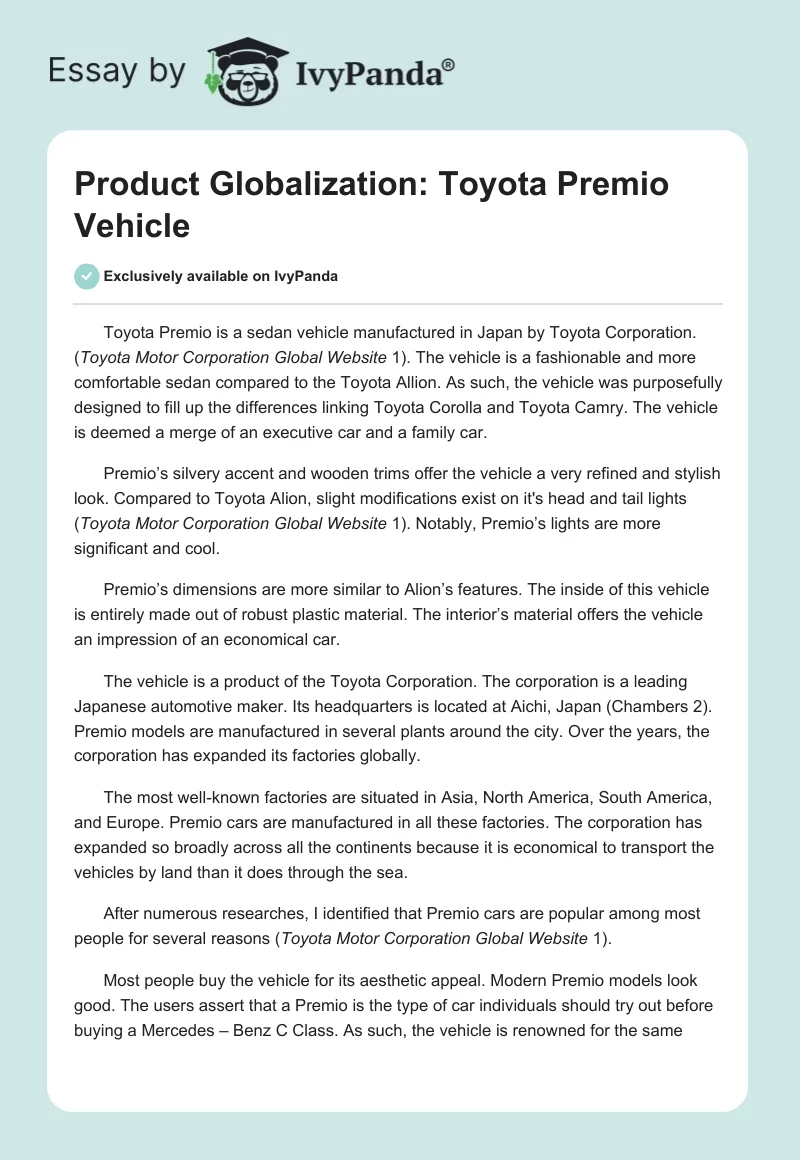 Product Globalization: Toyota Premio Vehicle. Page 1