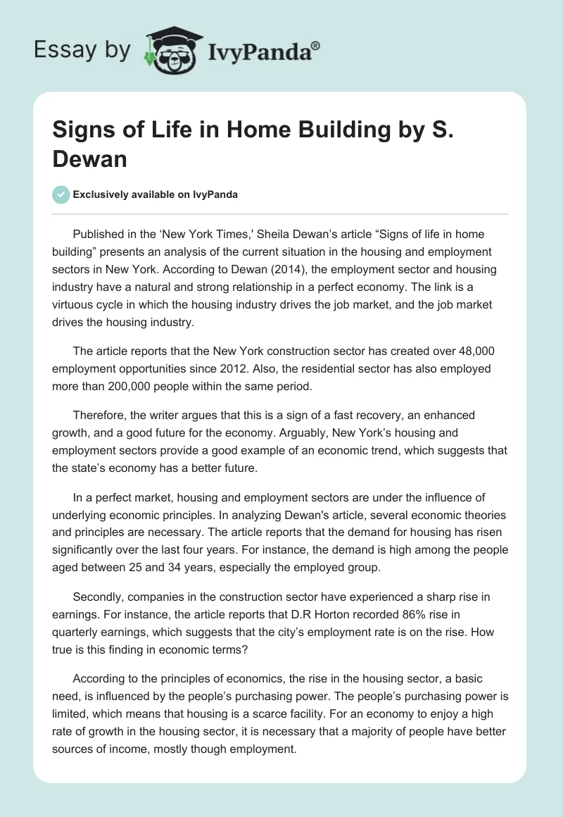 "Signs of Life in Home Building" by S. Dewan. Page 1