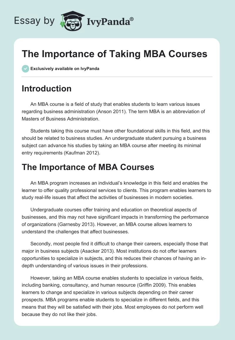 The Importance of Taking MBA Courses. Page 1