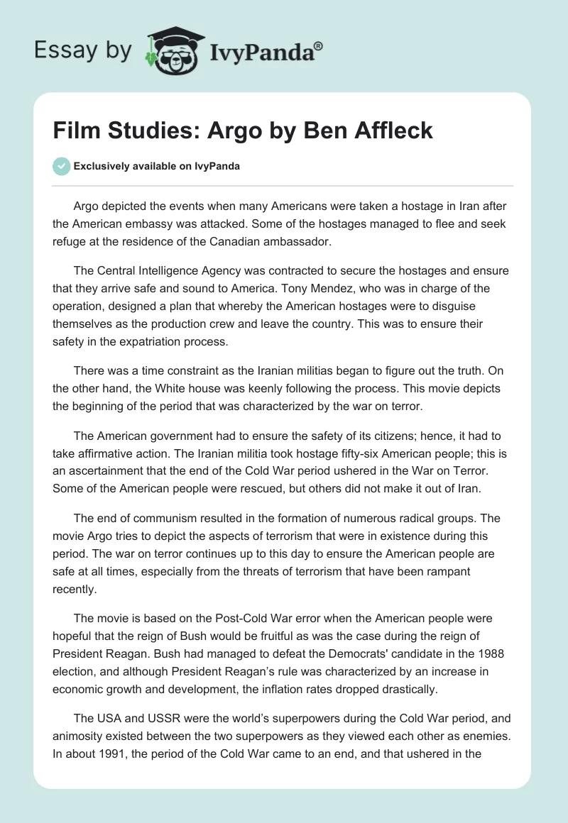 Film Studies: "Argo" by Ben Affleck. Page 1