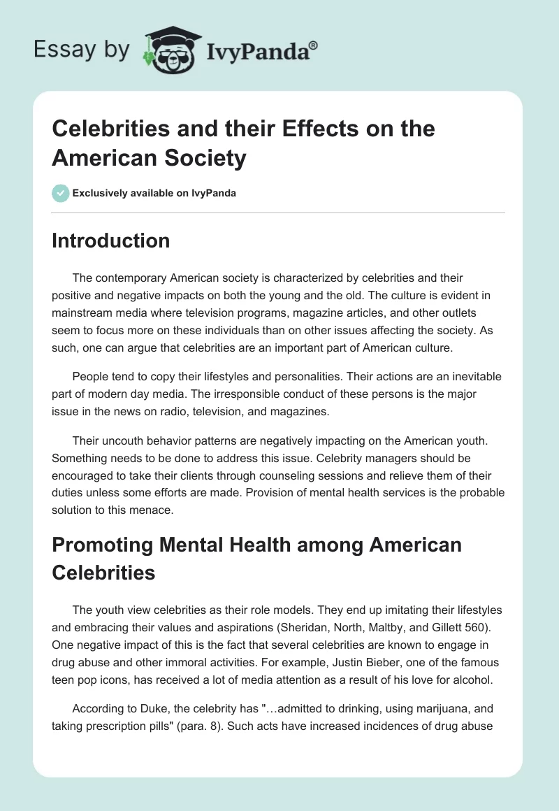 Celebrities and their Effects on the American Society. Page 1