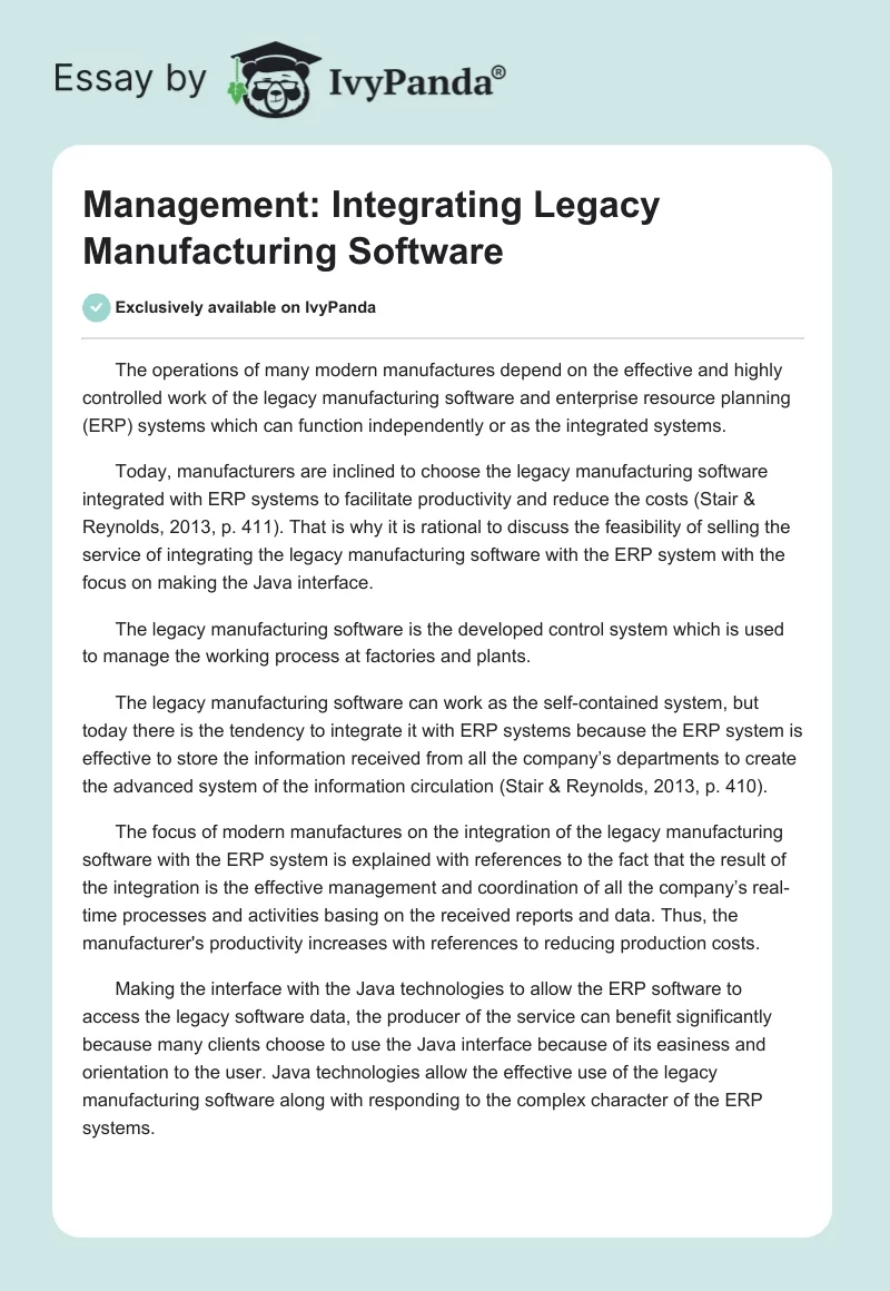 Management: Integrating Legacy Manufacturing Software. Page 1
