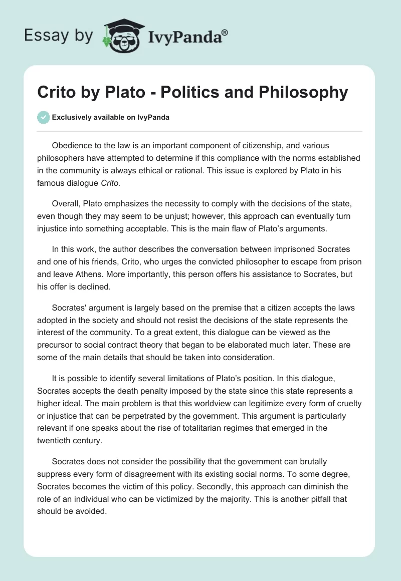 "Crito" by Plato - Politics and Philosophy. Page 1