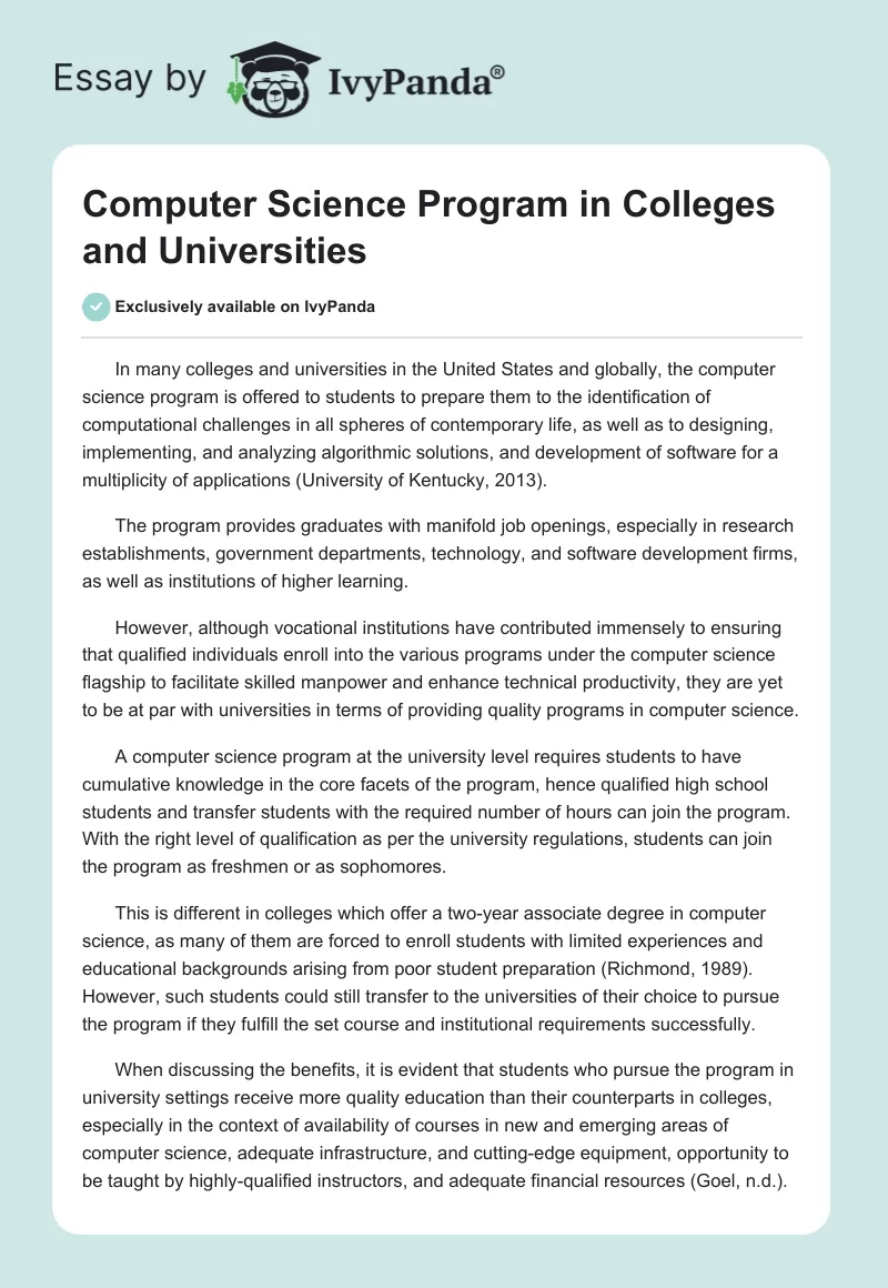 Computer Science Program in Colleges and Universities. Page 1
