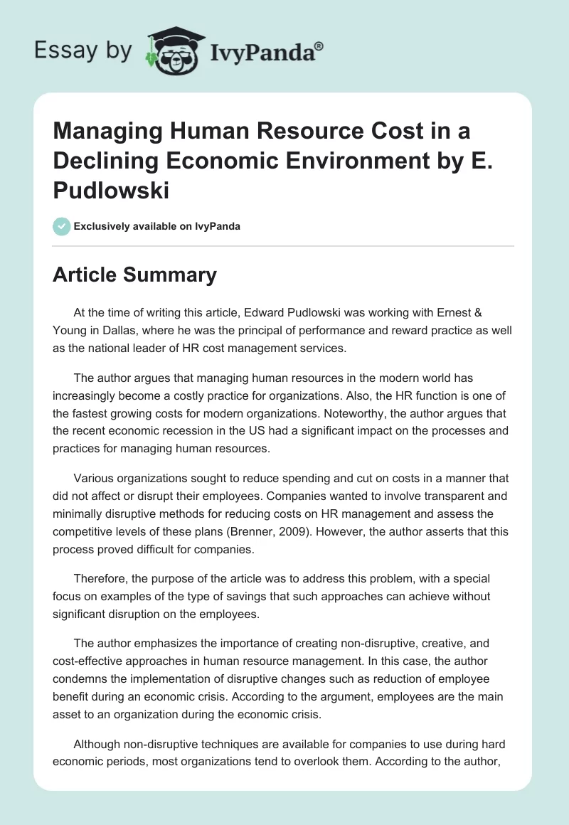 "Managing Human Resource Cost in a Declining Economic Environment" by E. Pudlowski. Page 1