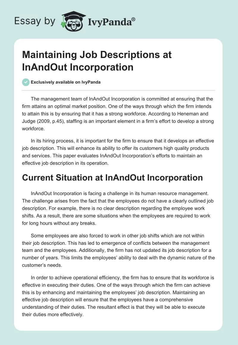 Maintaining Job Descriptions at InAndOut Incorporation. Page 1