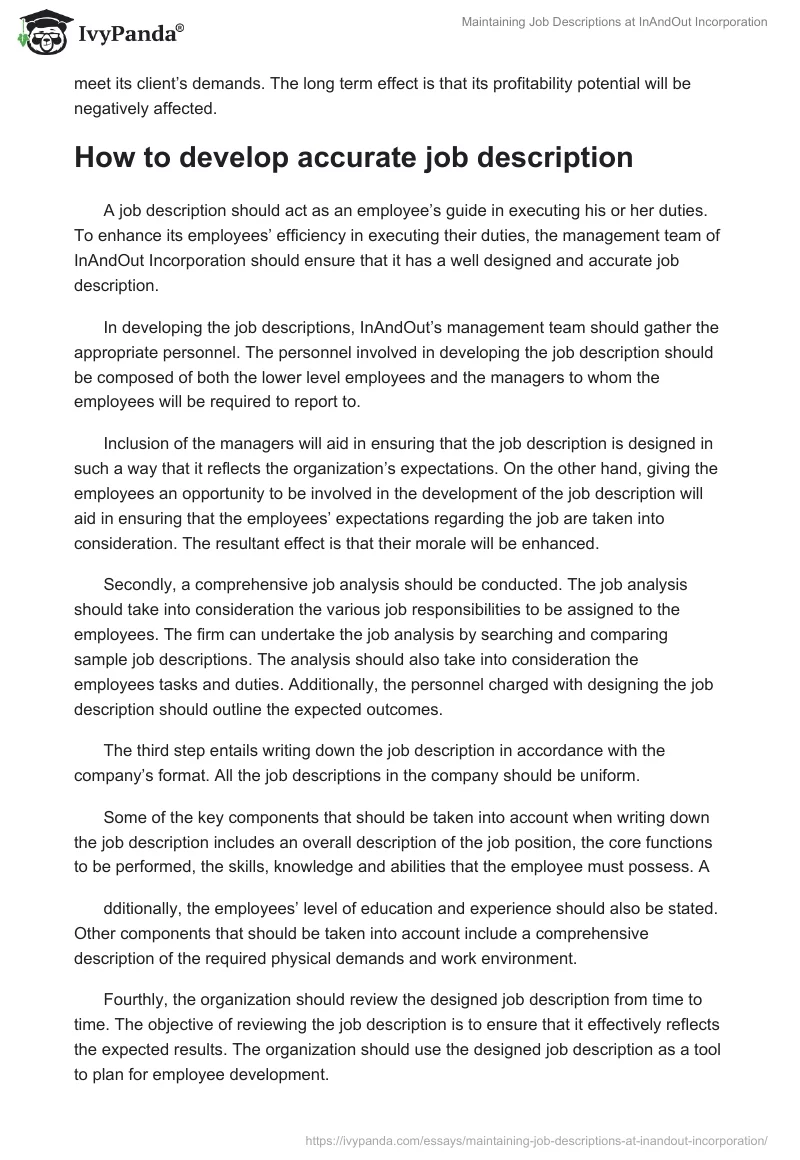 Maintaining Job Descriptions at InAndOut Incorporation. Page 3