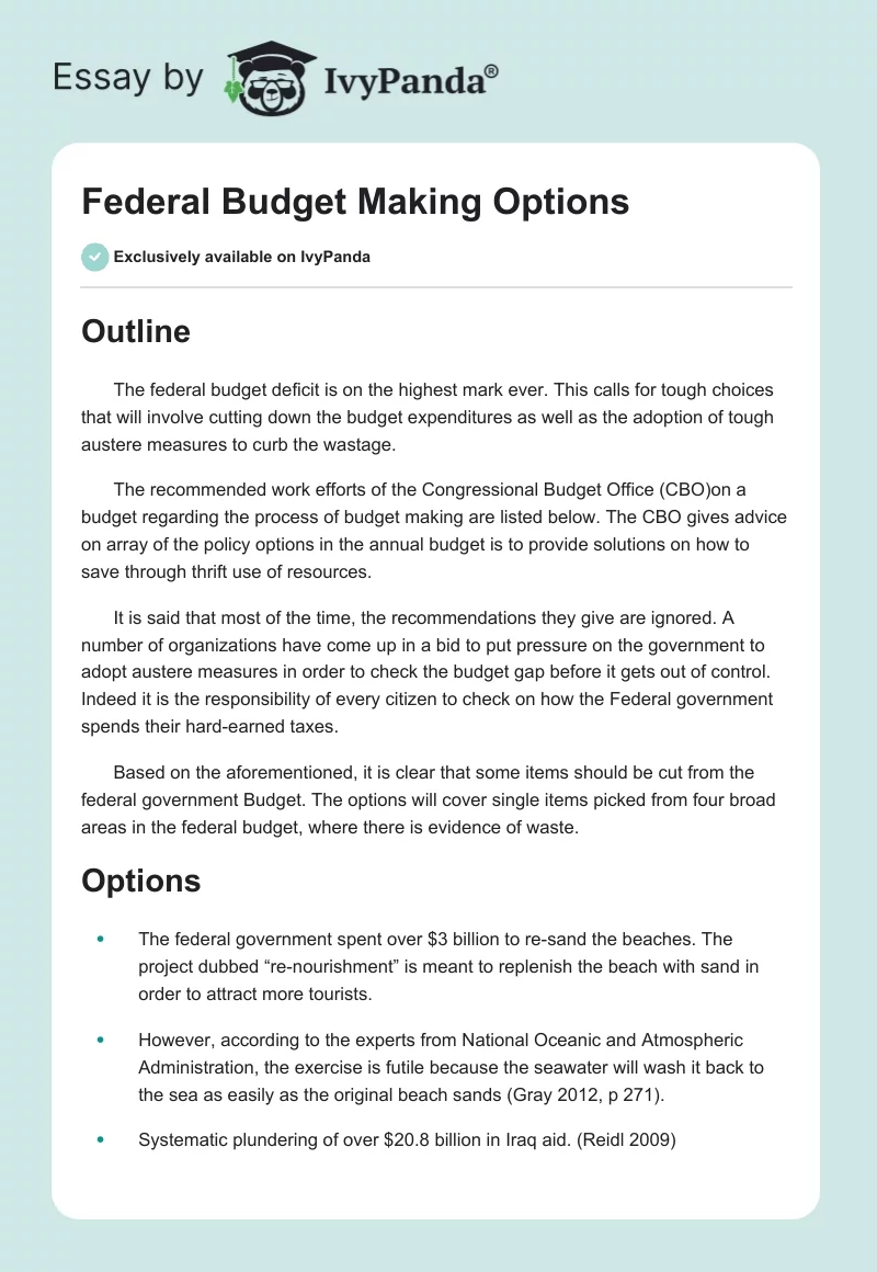 Federal Budget Making Options. Page 1