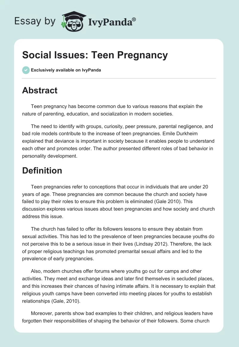 Social Issues: Teen Pregnancy. Page 1