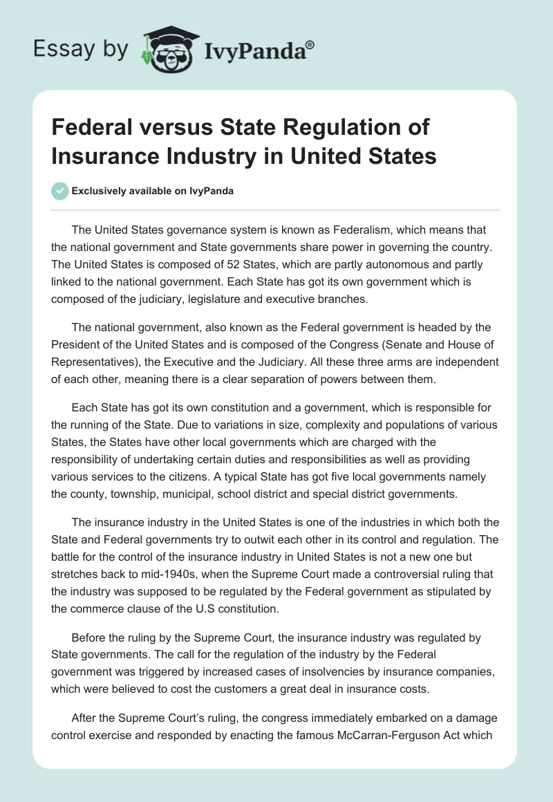 Federal versus State Regulation of Insurance Industry in United States. Page 1