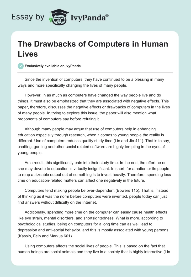 The Drawbacks of Computers in Human Lives. Page 1