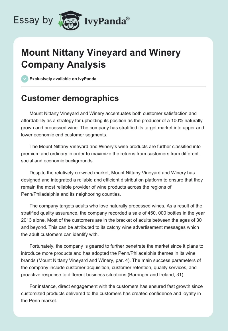 Mount Nittany Vineyard and Winery Company Analysis. Page 1