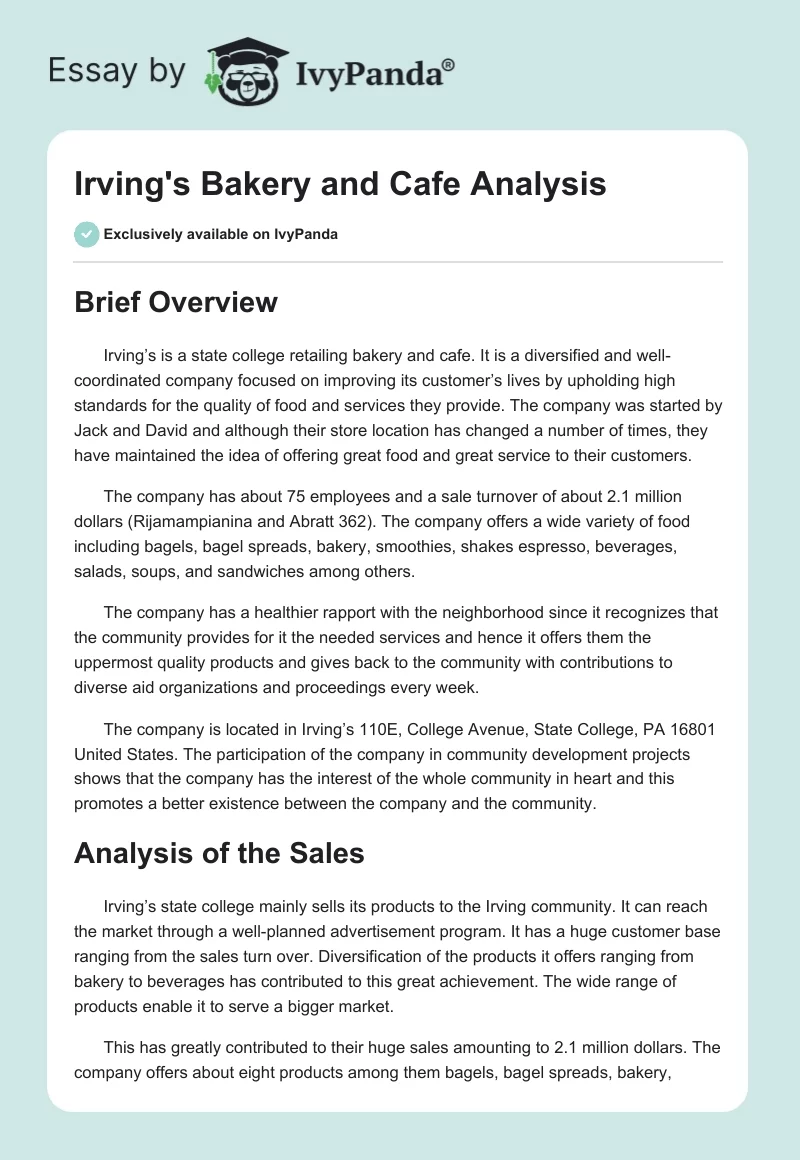 Irving's Bakery and Cafe Analysis. Page 1