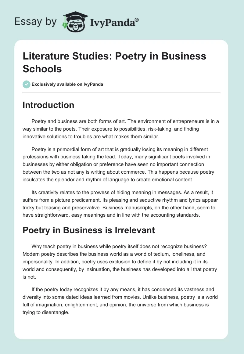 Literature Studies: Poetry in Business Schools. Page 1