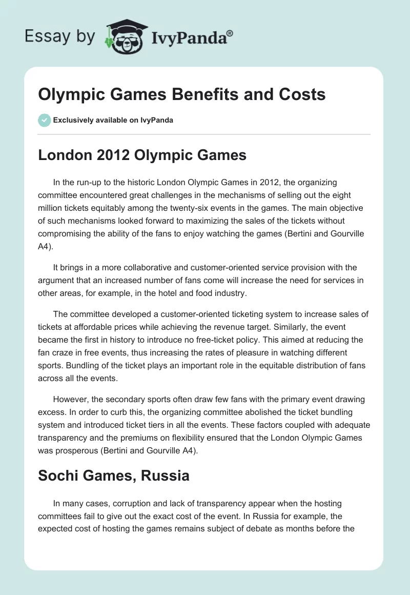 Olympic Games Benefits and Costs. Page 1