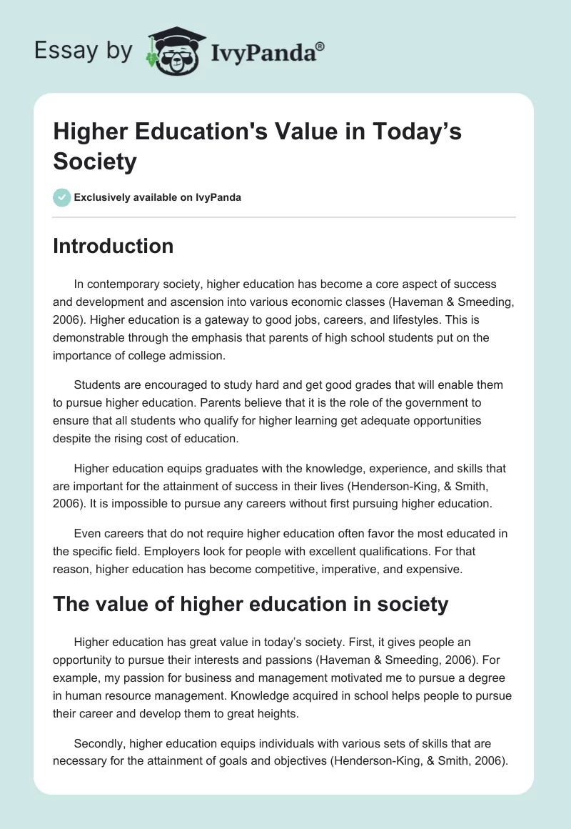 Higher Education's Value in Today’s Society. Page 1