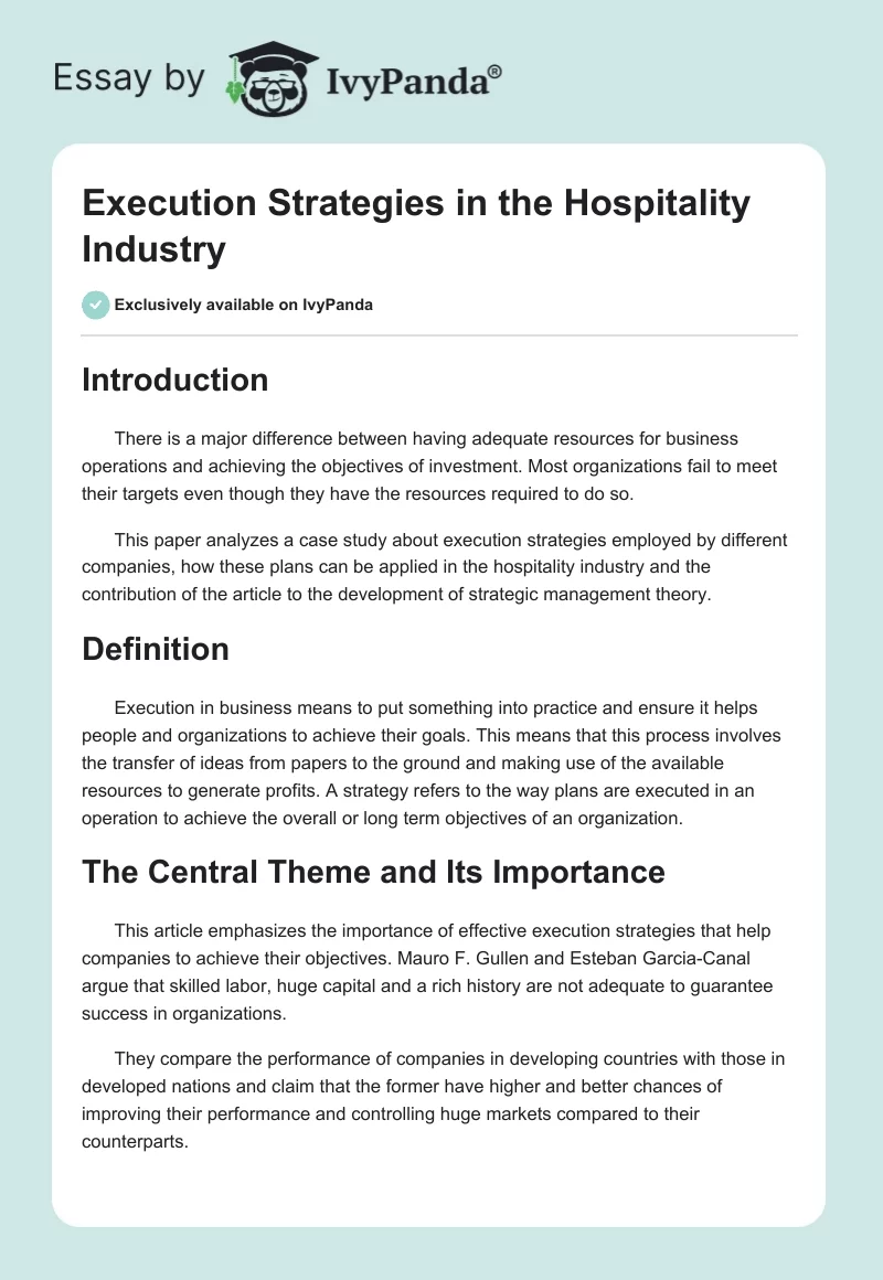 Execution Strategies in the Hospitality Industry. Page 1
