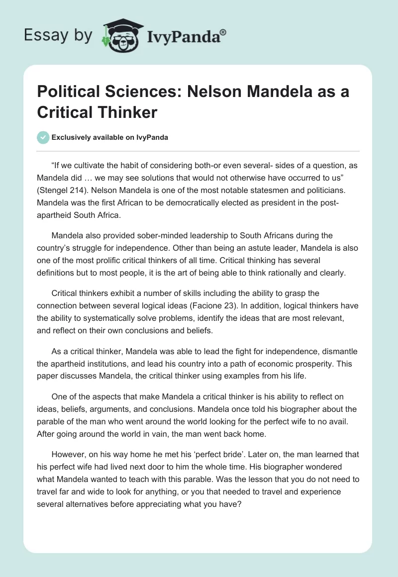 Political Sciences: Nelson Mandela as a Critical Thinker. Page 1