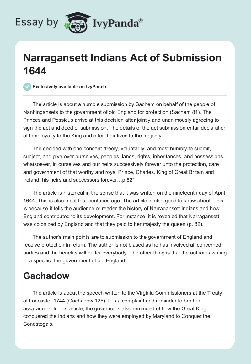 Narragansett Indians Act of Submission 1644. Page 1
