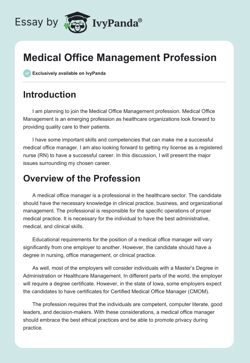 Medical Office Management Profession. Page 1