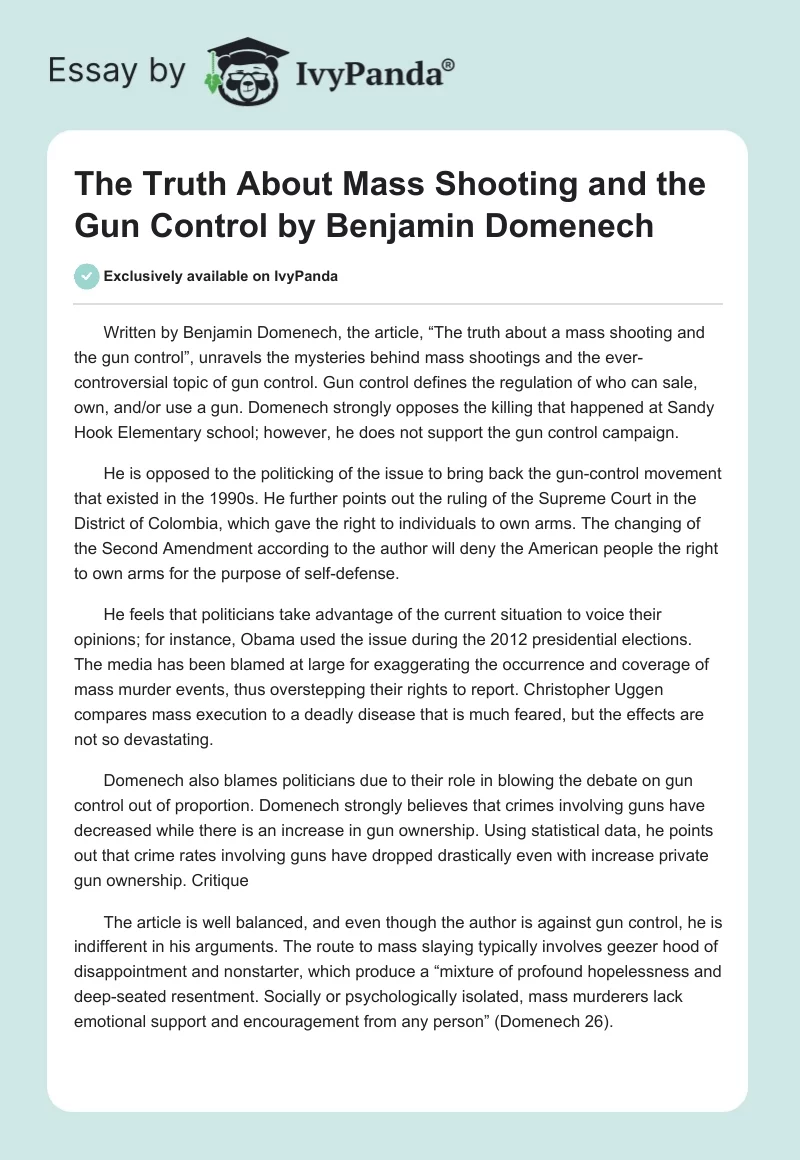 "The Truth About Mass Shooting and the Gun Control" by Benjamin Domenech. Page 1