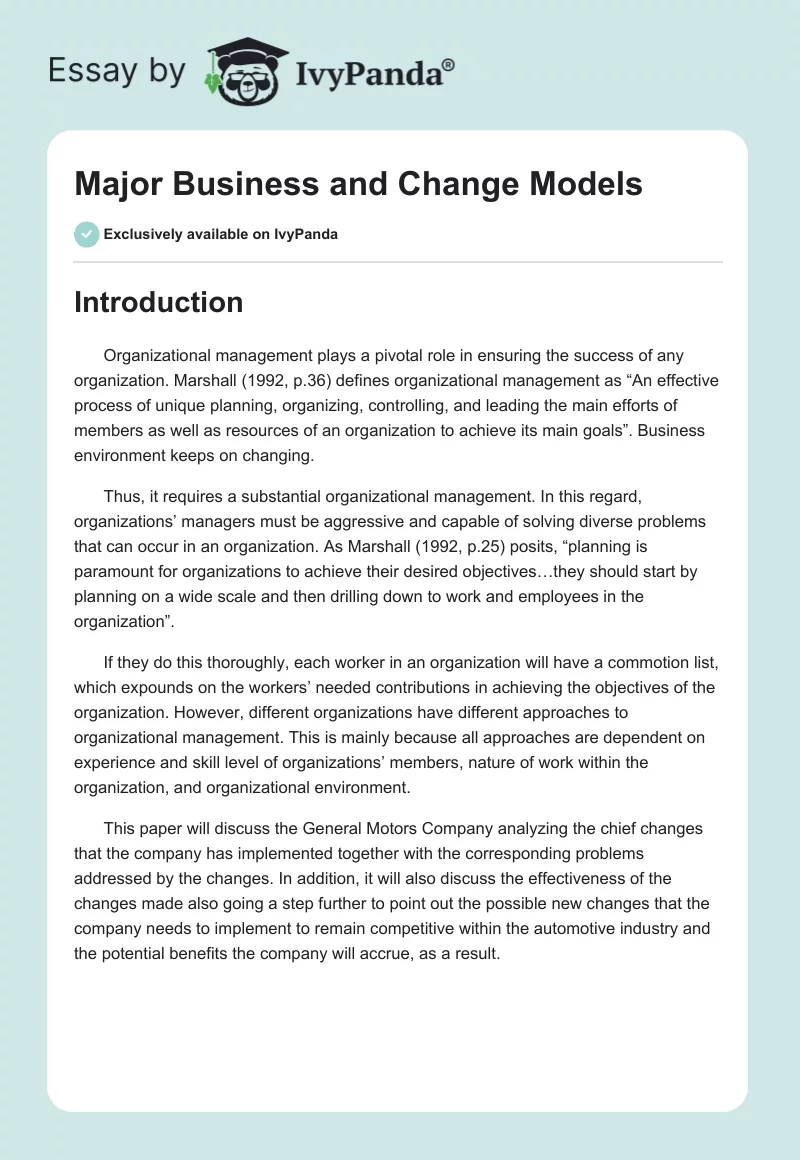 Major Business and Change Models. Page 1