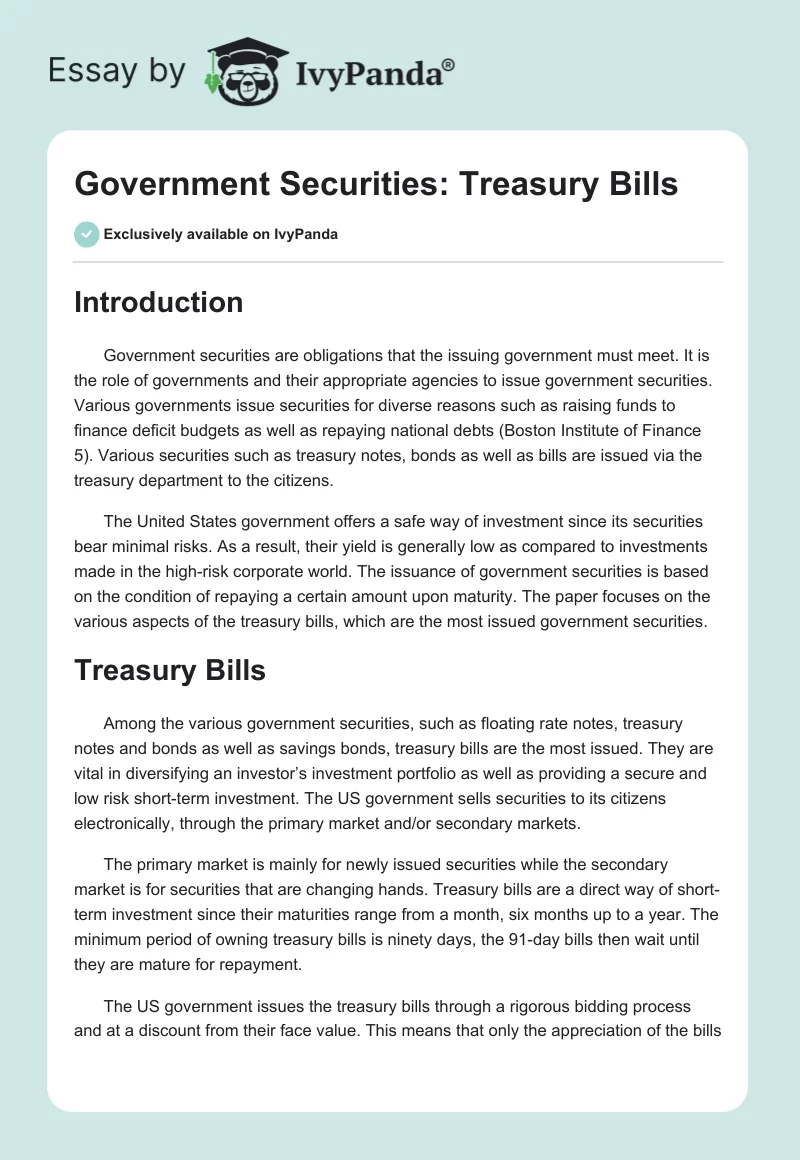 Government Securities: Treasury Bills. Page 1