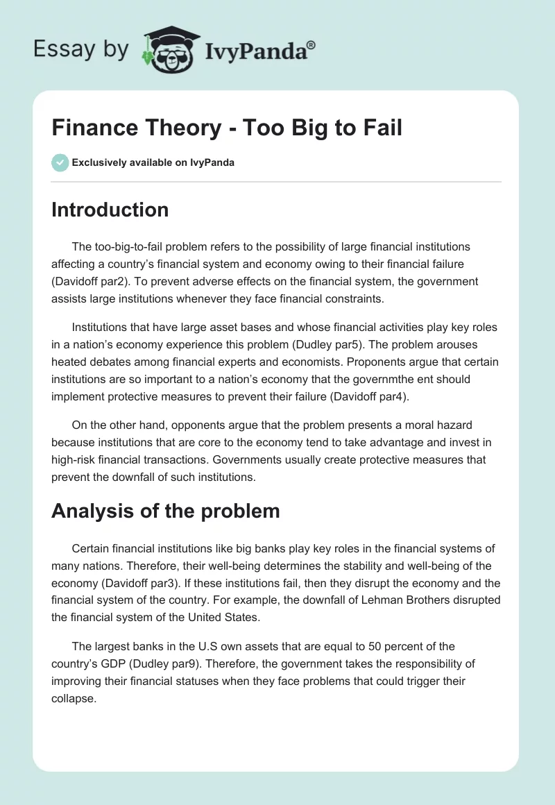 Finance Theory - Too Big to Fail. Page 1