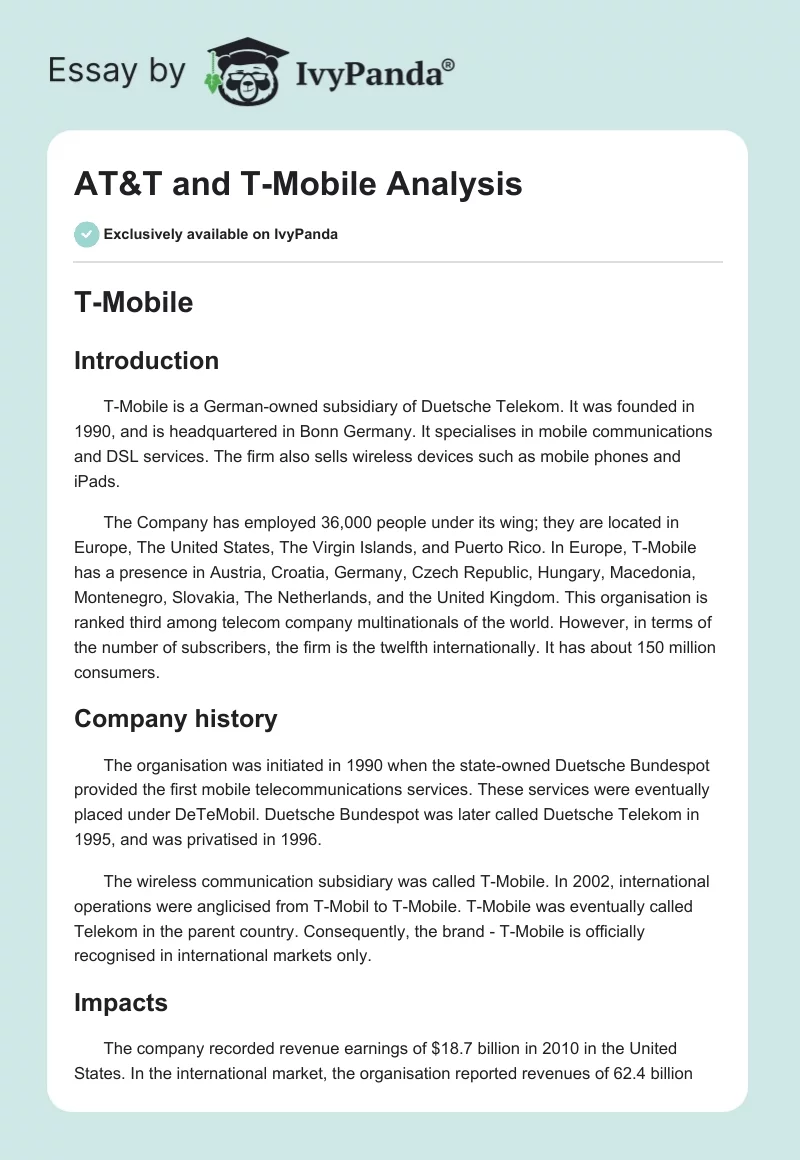 AT&T and T-Mobile Analysis. Page 1