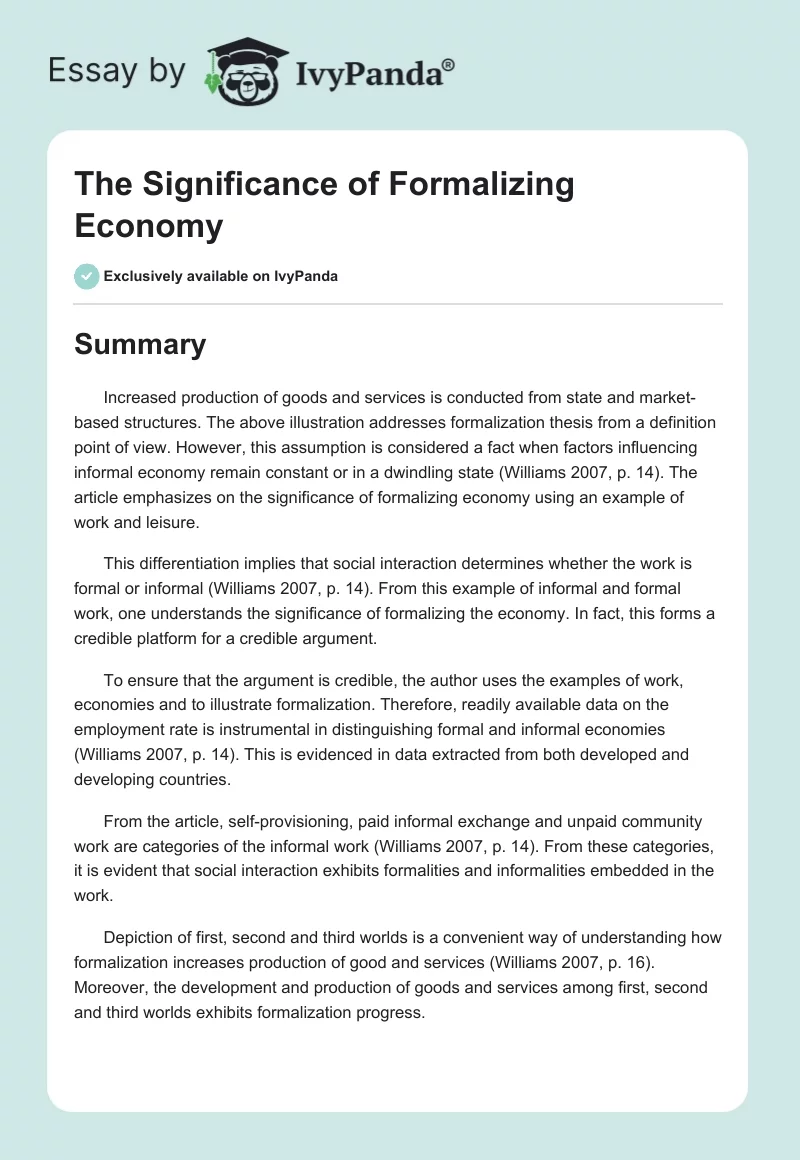 The Significance of Formalizing Economy. Page 1