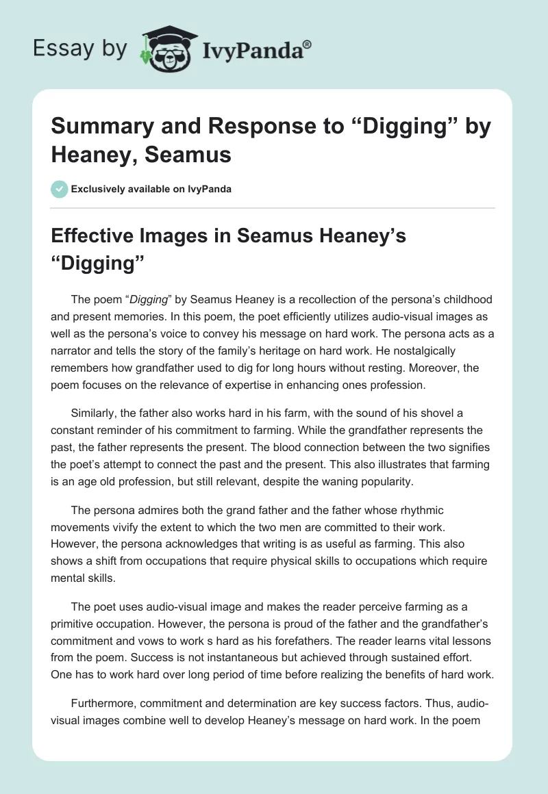 Summary and Response to “Digging” by Heaney, Seamus. Page 1