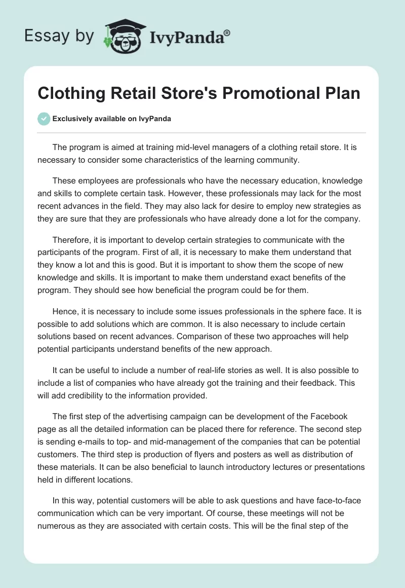 Clothing Retail Store's Promotional Plan. Page 1