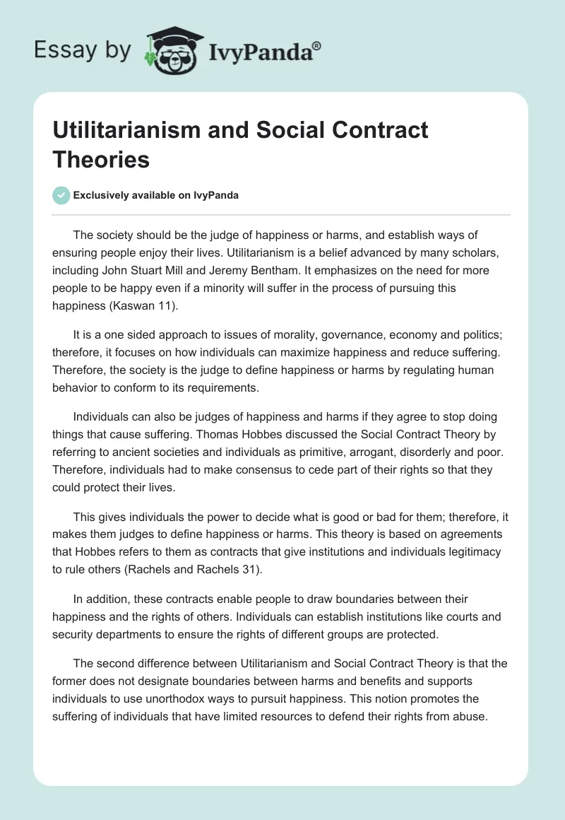 Utilitarianism and Social Contract Theories. Page 1