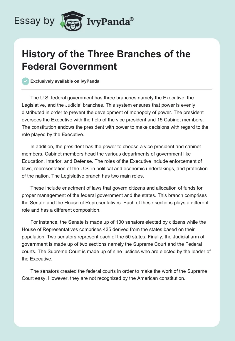 History of the Three Branches of the Federal Government. Page 1