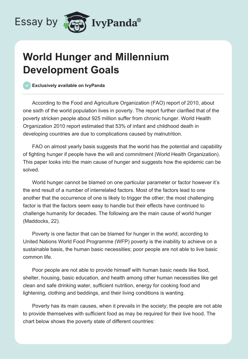 World Hunger and Millennium Development Goals. Page 1