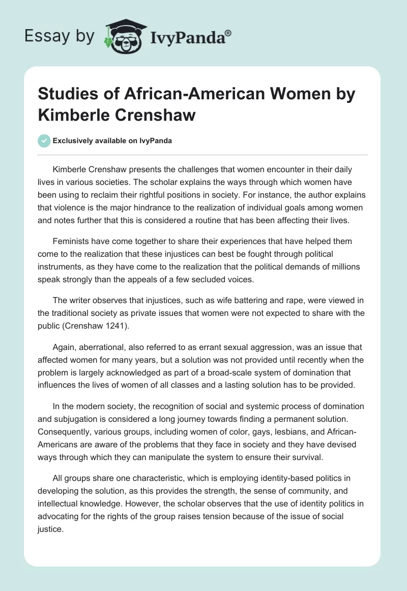 Studies of African-American Women by Kimberle Crenshaw. Page 1